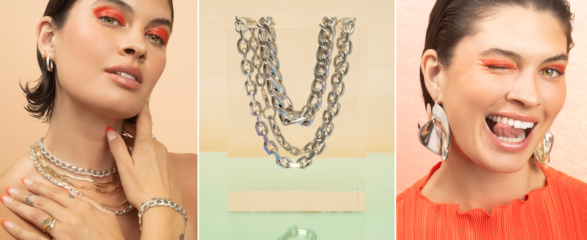 Jewelry set with necklaces, bracelets, and earrings displayed on a neutral background and also shown on models.