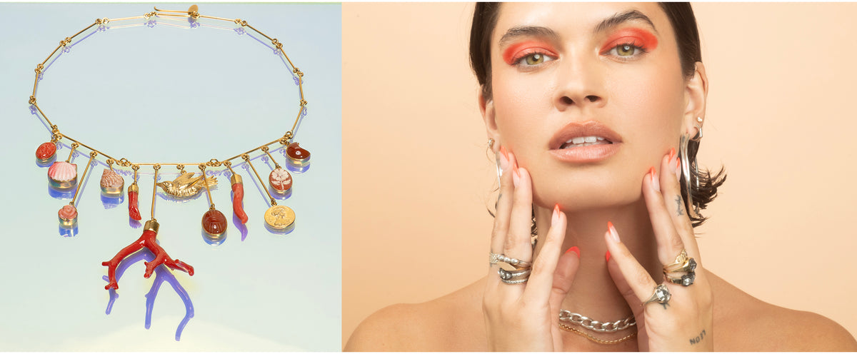 Colorful necklace with charms on a light blue background, next to a woman wearing jewelry against a beige background.