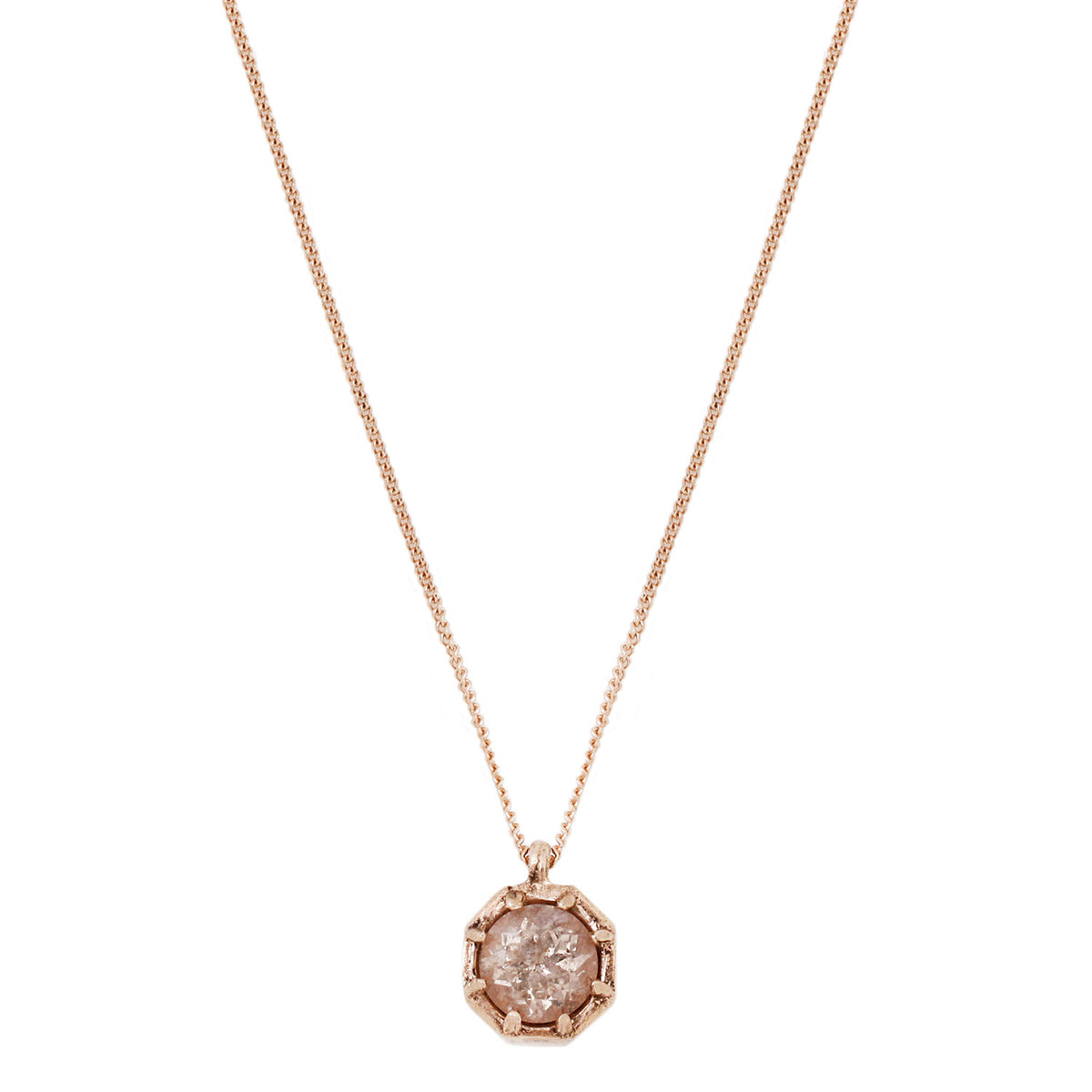  Lauren Wolf’s pink morganite necklace on a white backdrop