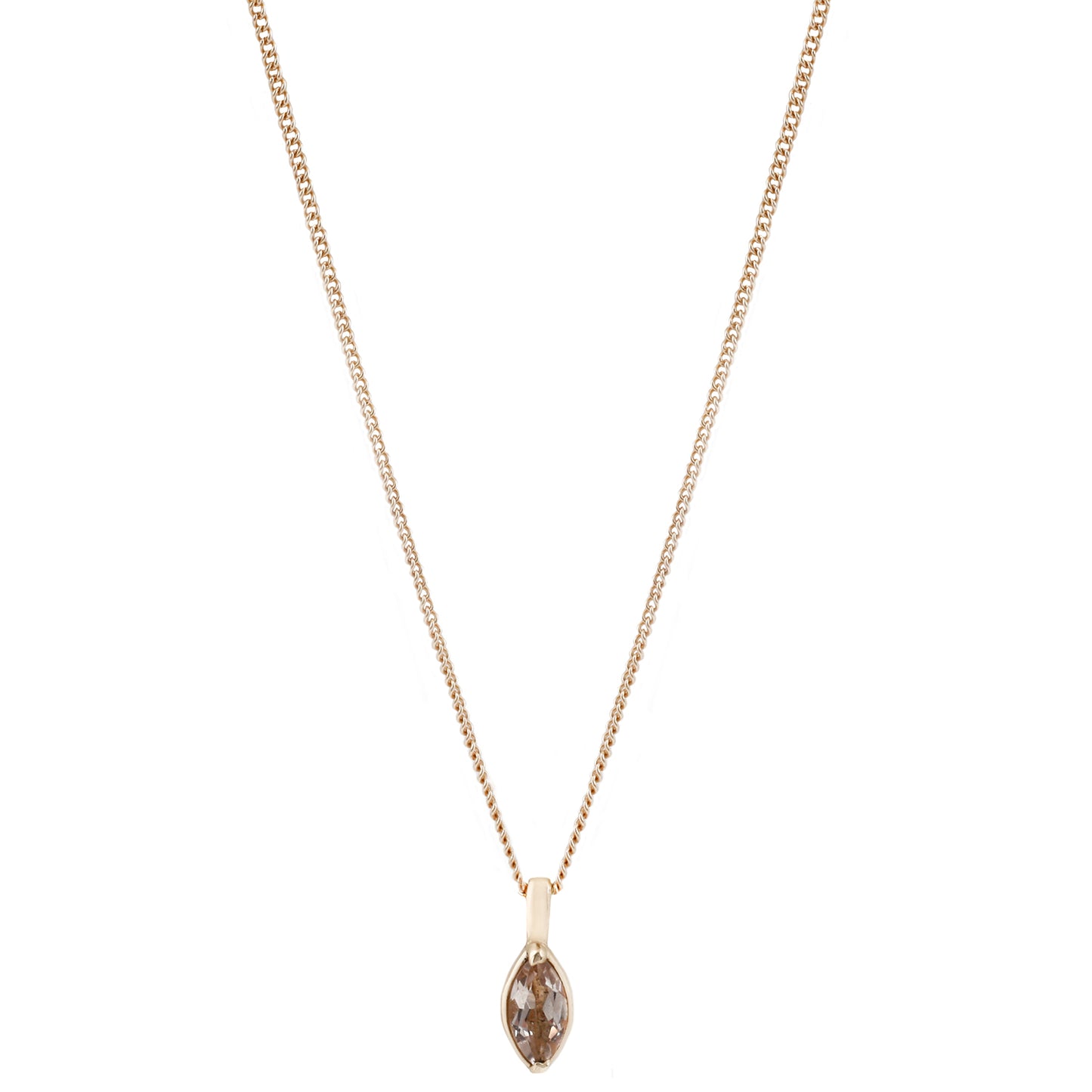 Gold Marquise Morganite Necklace by Lauren Wolf, shown on a white backdrop