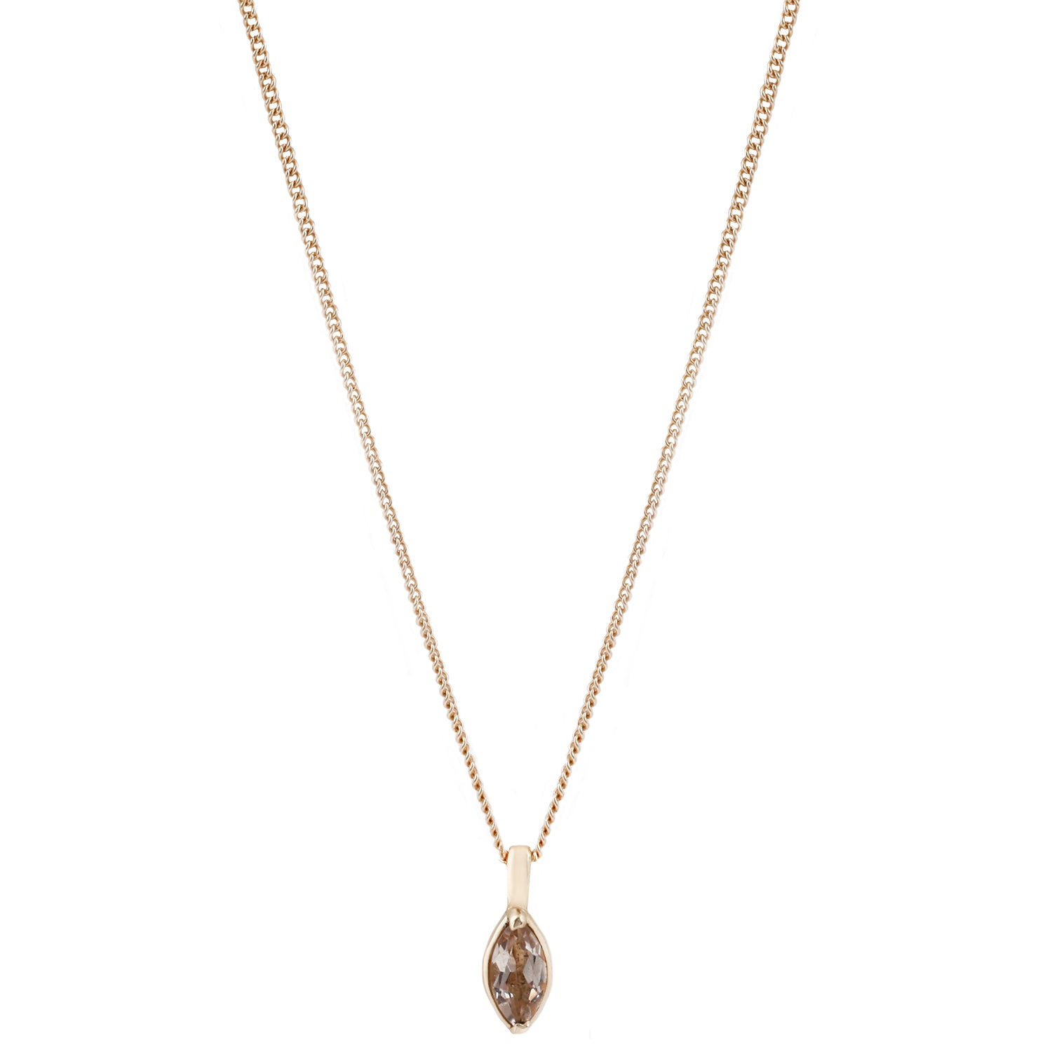 Gold Marquise Morganite Necklace by Lauren Wolf, shown on a white backdrop