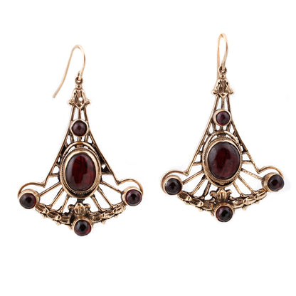 Vintage Garnet Fan Drop Earrings set in Gold
