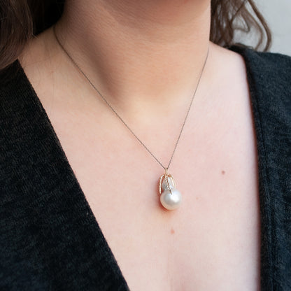 Lauren Wolf Jewelery's White South Sea Pearl Necklace shown worn on the neck