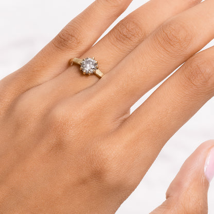 Lauren Wolf - Gold ring with a large diamond on a hand on a white background